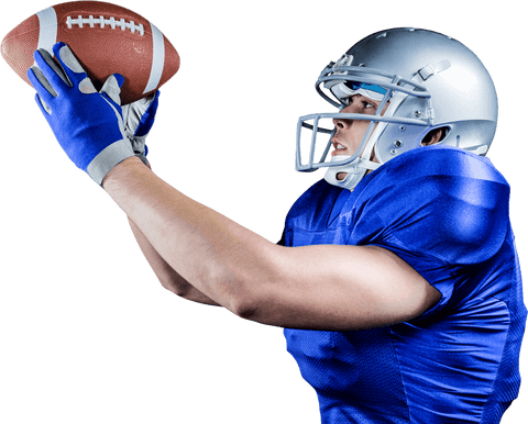 Transparent football player catching ball in blue uniform