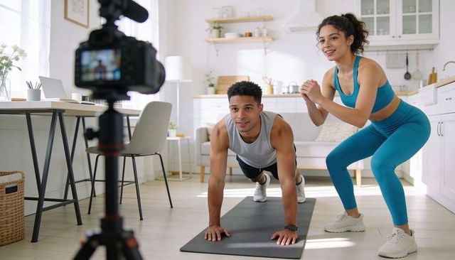 Young couple recording home workout routine with tripod camera and activewear