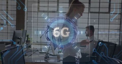 6G Interface in Modern Office with Diverse Team Collaborating