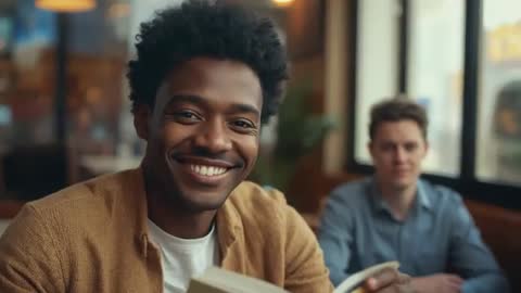 Smiling Young Man Reading Book in Cozy Café