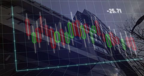 Glass skyscraper reflecting city with overlaid candlestick market chart showing decline