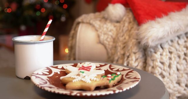 Milk in a mug and cookies on festive plate are on a table in a cozy living room. Scene illuminated by warm Christmas lights with blurred Christmas tree in background adds to holiday charm. Use for Christmas greeting cards, home decoration ideas, or festive social media posts.