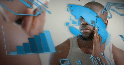 Man using smart mirror with augmented reality hud for skincare analysis and tech grooming