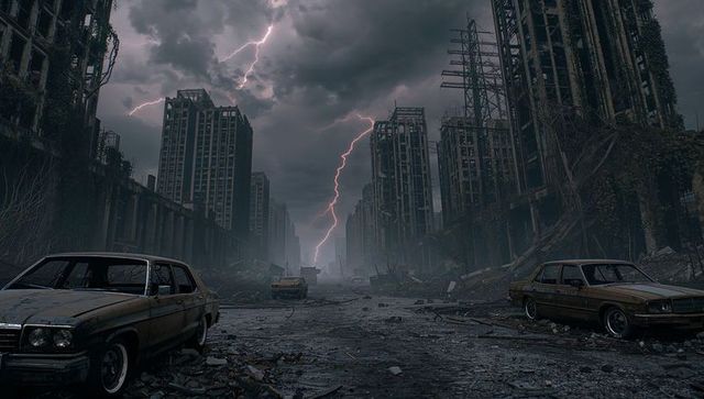 Storm Over Abandoned City Street Under Lightning in Post-apocalyptic Scene