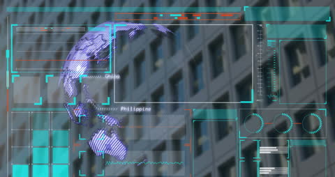 Digital Interface Overlay with Spinning Purple Globe