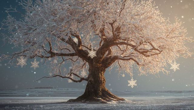 Enchanted Snowflake-Embellished Tree During Winter Twilight
