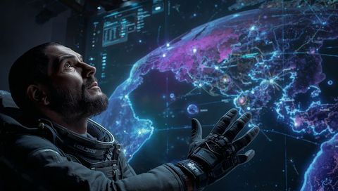 Astronaut reaching toward holographic earth display in neon-lit futuristic spacecraft cockpit