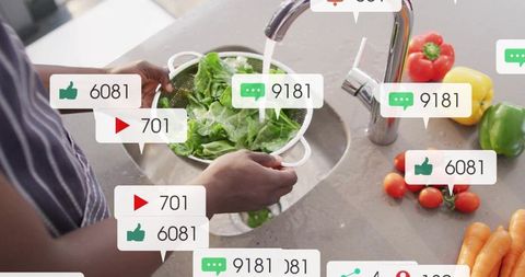 Home cook preparing vegetables with social media engagement overlays
