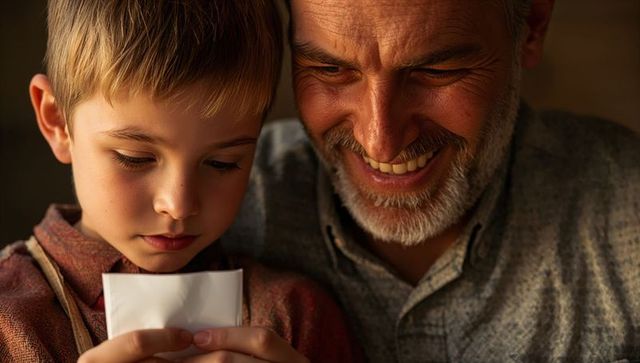 Grandfather and grandson sharing warm moment reading note together smiling closeup