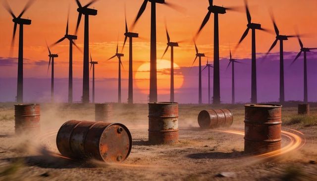 Rusted barrels rolling across dusty plain with wind turbines at vibrant sunset