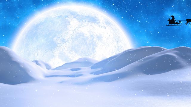 This captivating animation depicts Santa flying his sleigh with reindeer over snow-covered mountains, framed against a full moon. This holiday-themed scene can be used for Christmas greeting cards, festive e-cards, holiday marketing materials, winter-themed campaigns, and animations for family-friendly content. The videory invokes the magic and spirit of Christmas, making it suitable for any seasonal creative project.