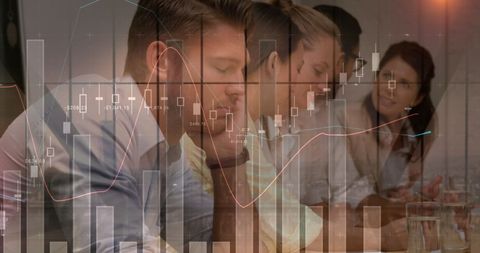 Business team analyzing financial data with virtual graph layers
