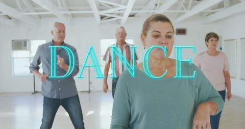 Senior friends enjoying dance class with digital art overlay