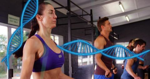 Female athlete jumping rope in gym with dna helix overlay representing fitness genetics