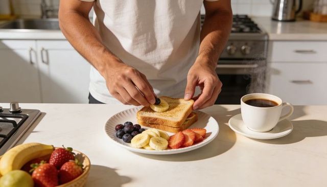 Man assembling fruit-topped toast with steaming coffee on bright kitchen countertop