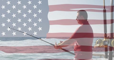 Caucasian Man Fishing on Boat with American Flag Overlay