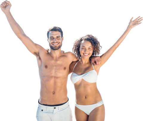 Joyful diverse couple in swimwear celebrating on transparent background
