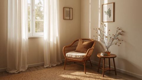 Cozy rattan chair basking in warm sunlight beside mullioned window with linen curtains