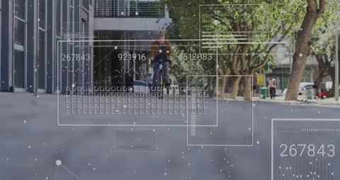 Cyclist Traveling Through Futuristic Data and Technology Landscape