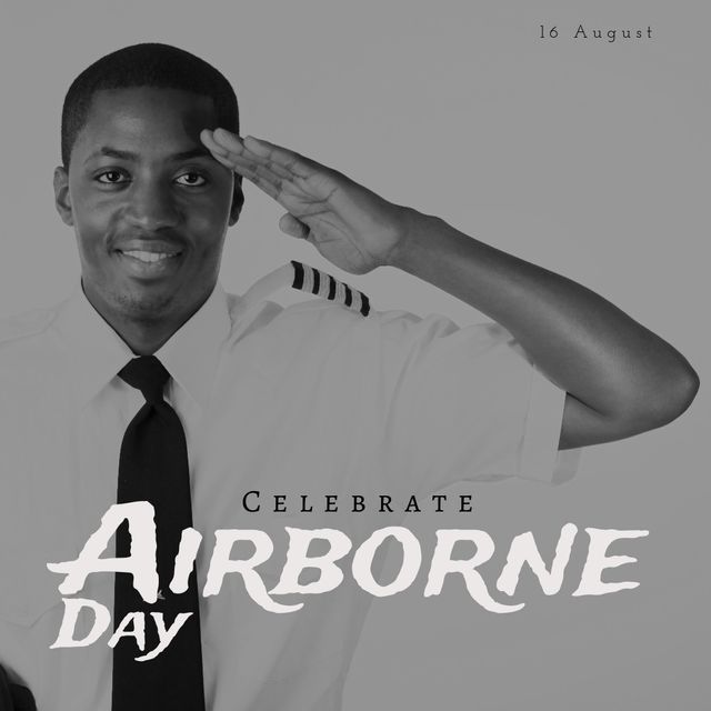 Portrait of smiling african american young male pilot saluting with celebrate airborne day text. Digital composite, honour nation's airborne forces of armed forces, military, parachuting troops.
