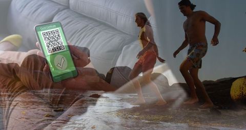 Travel planning with digital health pass and beach scene