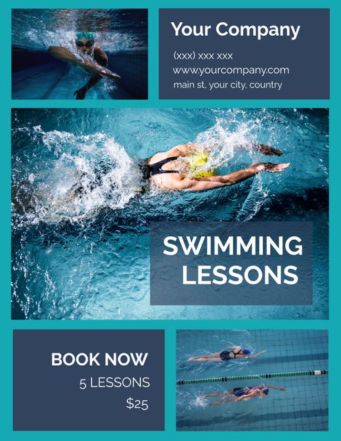 Vibrant Swimming Lessons Flyer with Action Shots for Clubs and Camps - Download Free Stock Templates Pikwizard.com