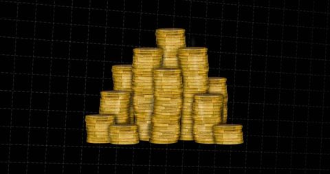 Stacking gold coin towers on black grid representing wealth finance investment growth profit