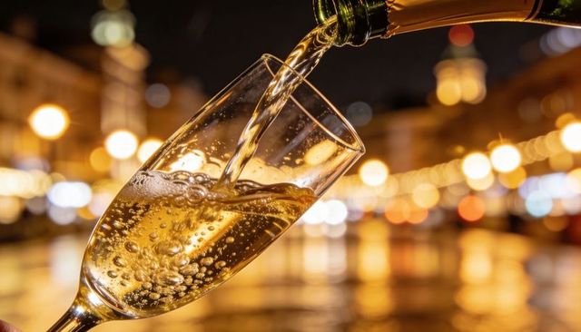 Pouring champagne into flute with city night bokeh, golden reflections and bubbles