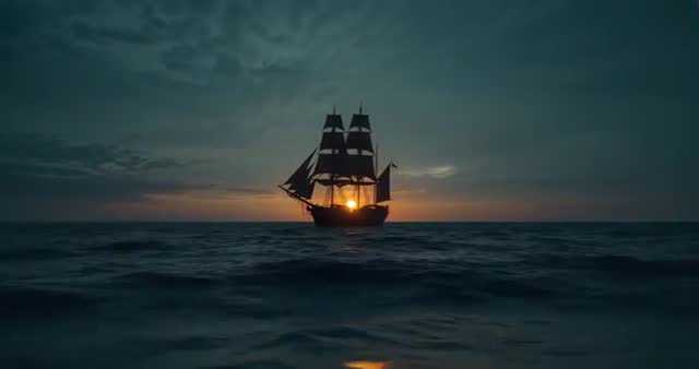 Silhouette of Majestic Ship at Sunset Horizon