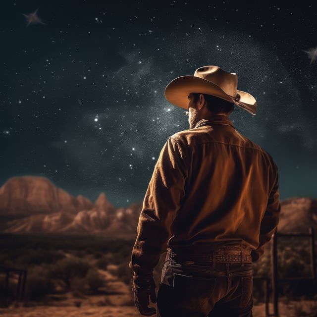 Image depicts a lone cowboy staring at the night sky in a desert landscape. He wears a hat and stands with his back to the camera, giving a sense of introspection and serenity. The desert background features mountains under a starry night sky, highlighting themes of adventure, solitude, and the beauty of the Old West. Ideal for use in topics related to western life, adventure stories, personal reflection, and travel.