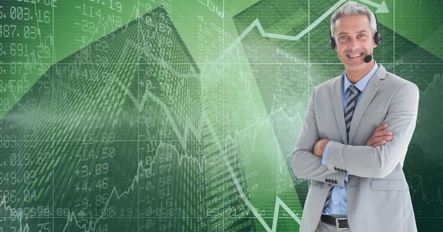 Smiling businessman wearing a headset, standing confidently against a backdrop of stock market graphs and tall buildings. Ideal for depicting financial advisory, business consultancy, and stock trading services. Useful for financial presentations, website banners, and corporate digital marketing materials.