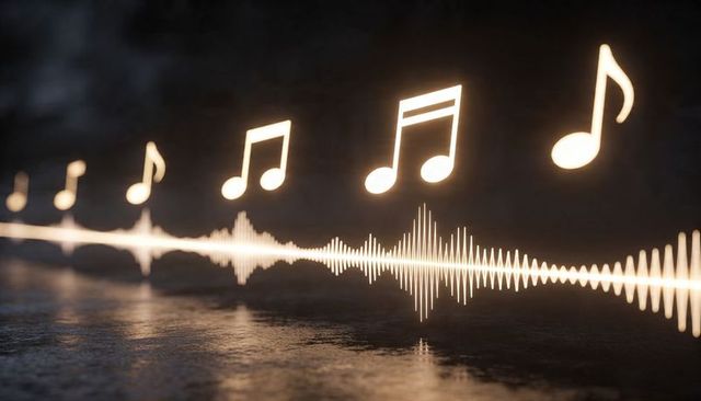 Pulsing glowing audio waveform with floating musical notes creating neon rhythm