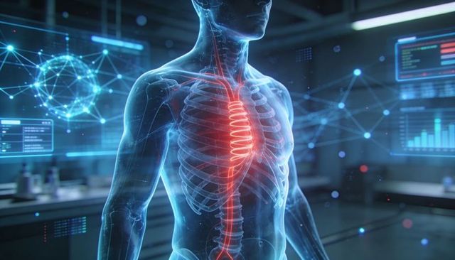 Holographic Torso Highlighting Sternum and Central Neural Channel in Futuristic Medical Lab