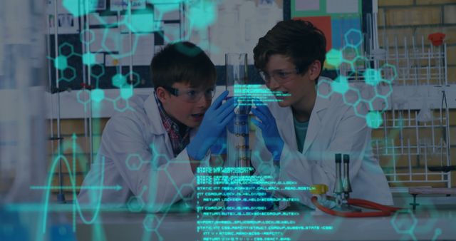 Image of glowing scientific data processing over two male student during experiment in school laboratory. Global science learning education concept digitally generated image.