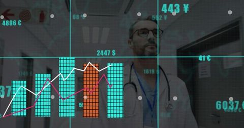 Doctor analyzing digital charts in high-tech hospital corridor