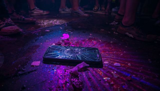 Shattered smartphone on club floor reflecting neon purple lights and glitter debris
