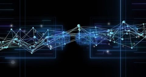 Neon Data Network Wave with Glowing Cyan Nodes, Mesh Lines, Futuristic Circuit Geometry