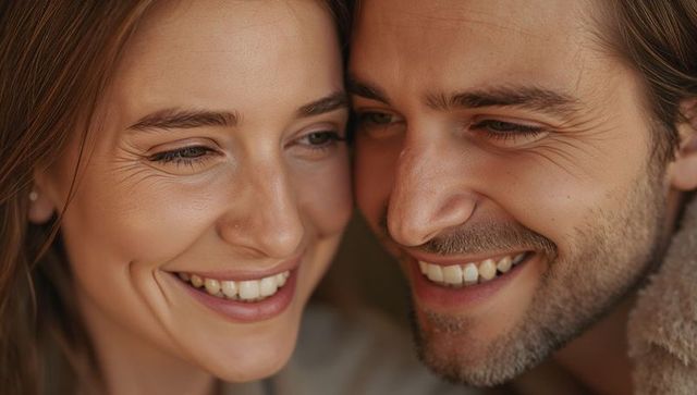 Smiling young couple leaning close in warm portrait conveying intimacy and tenderness