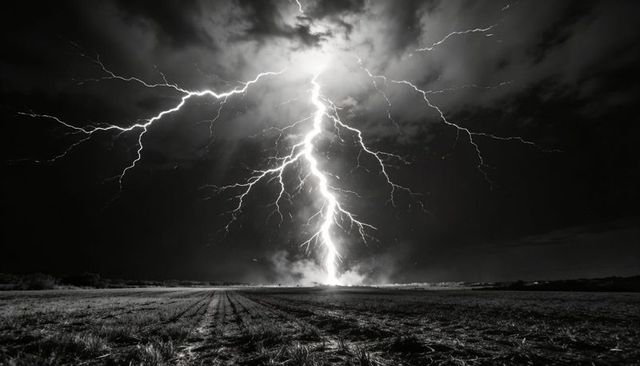Epic lightning strike illuminating rural field and storm clouds at night, dramatic monochrome