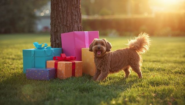 Happy fluffy dog with colorful gift boxes in sunlit garden