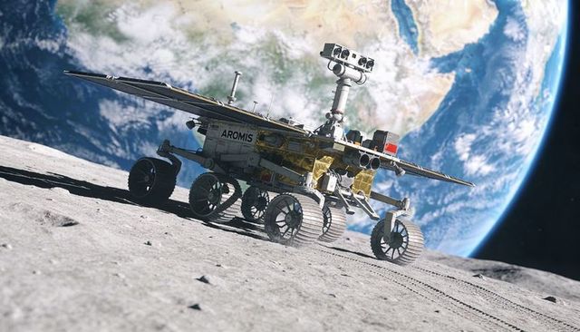 Traversing six-wheeled lunar rover exploring regolith with solar wings and raised mast