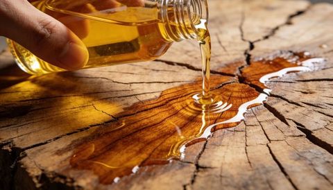 Macro pouring golden oil forming ripples on rustic tree stump with amber viscous texture