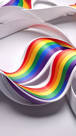 Vertical CGI loop weaving rainbow ribbon over white loops, abstract fluid motion
