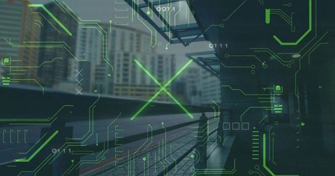 Futuristic urban walkway with green digital overlay