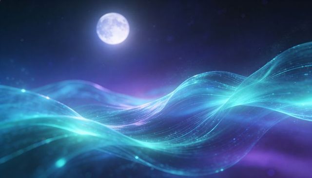 Luminescent Moonlit Ribbons Flowing Across Cosmic Night with Violet Aurora and Stardust