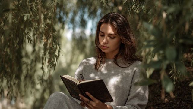 Young woman writing in journal beneath willow branches, reflective outdoor journaling