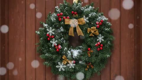 Festive Evergreen Wreath with Snowflakes on Wooden Background Animation
