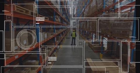 Warehouse Worker with Digital Overlay Illustrating Automation