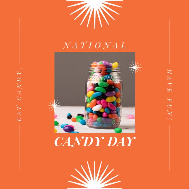 This vibrant image features a jar filled with colorful jelly beans, set against an orange background with text celebrating National Candy Day. Ideal for use in social media posts, holiday promotions, candy shop advertisements, and festive slideshows. Perfect for brightening up blogs and websites focused on confectionery and fun events.