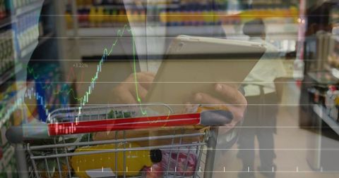 Asian shopper using tablet in supermarket with analytics overlay tracking grocery prices